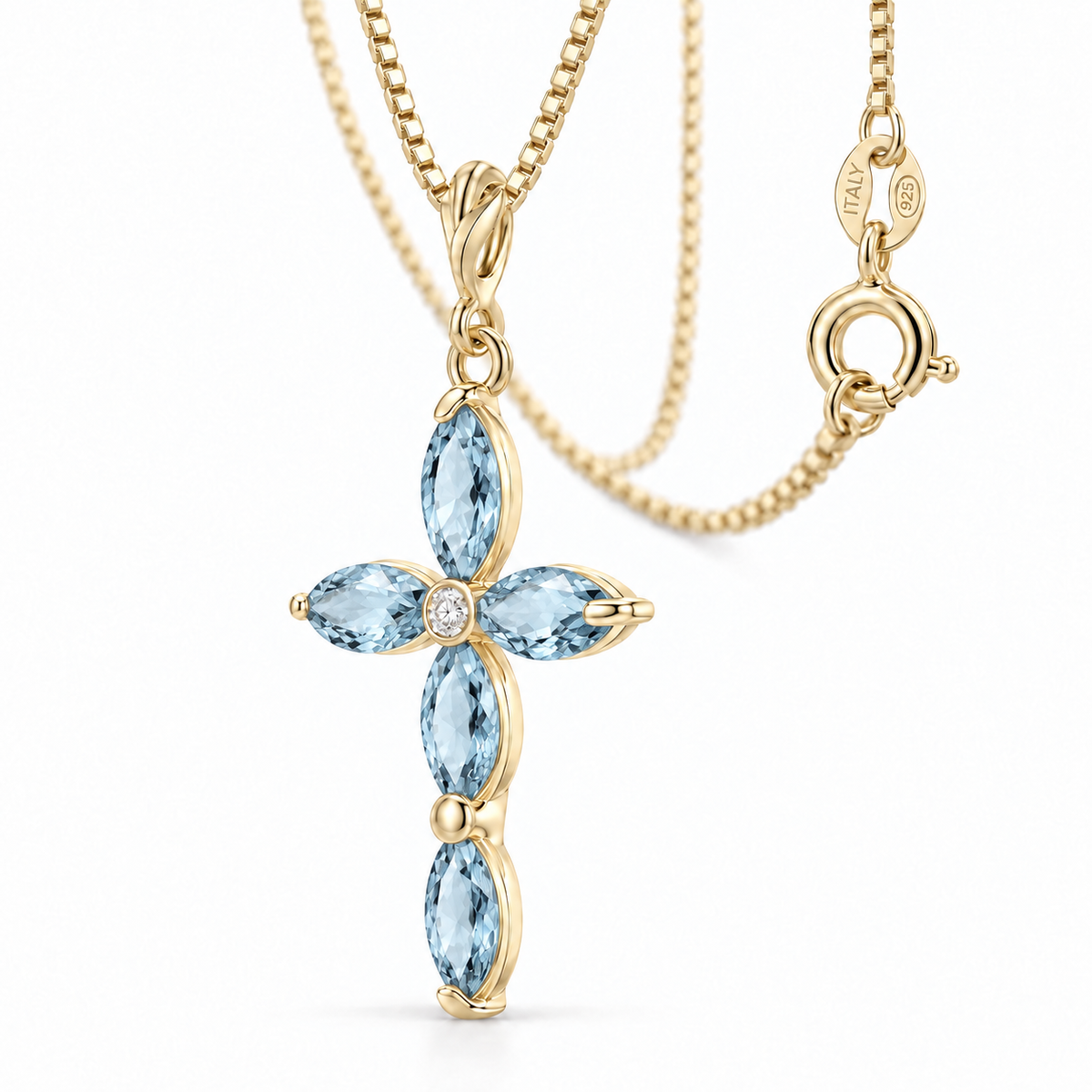 Yellow Gold Delia lab-grown Aquamarine and diamond necklace, close-up with chain and clasp detail.