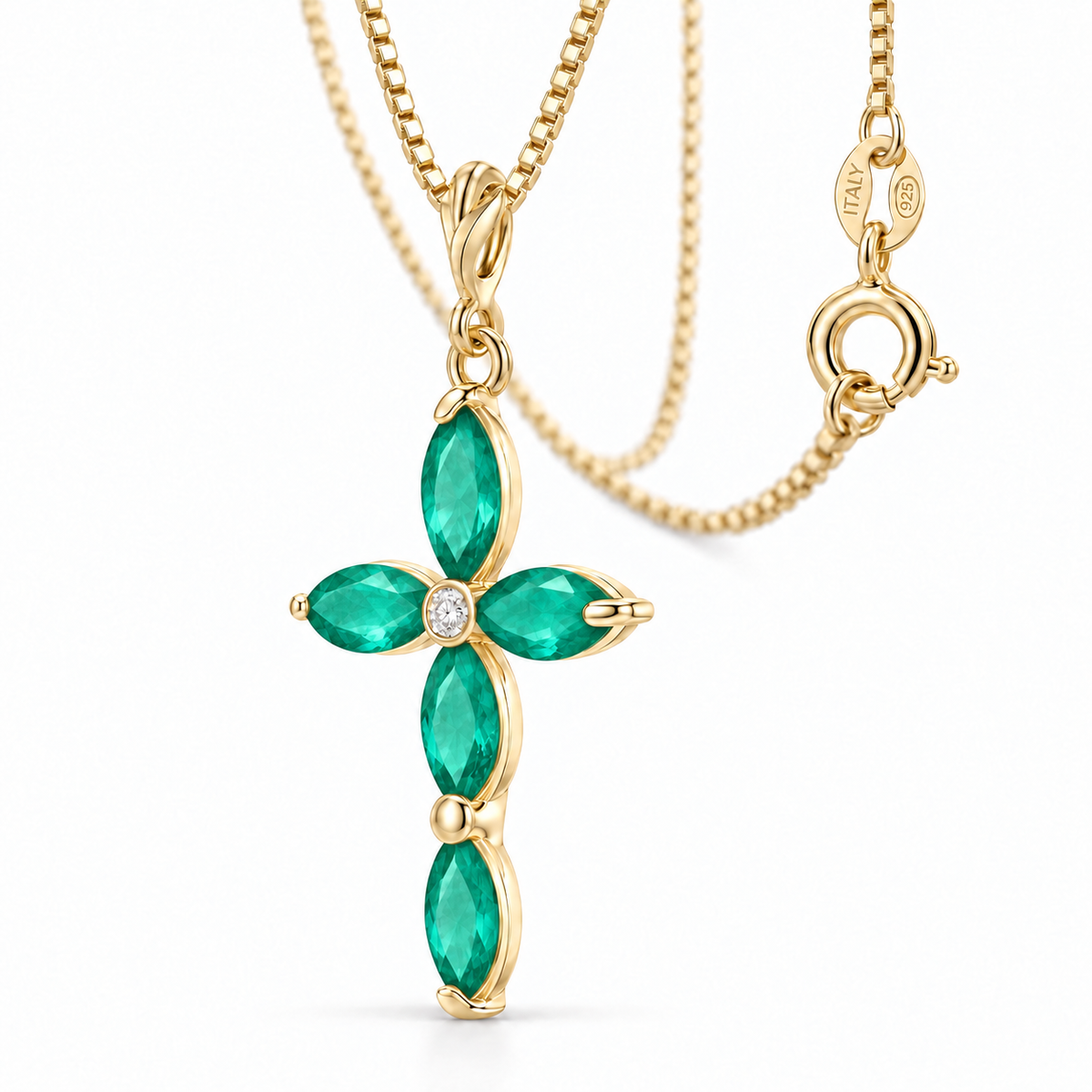 Yellow Gold Delia lab-grown Emerald and diamond necklace, close-up with chain and clasp detail.