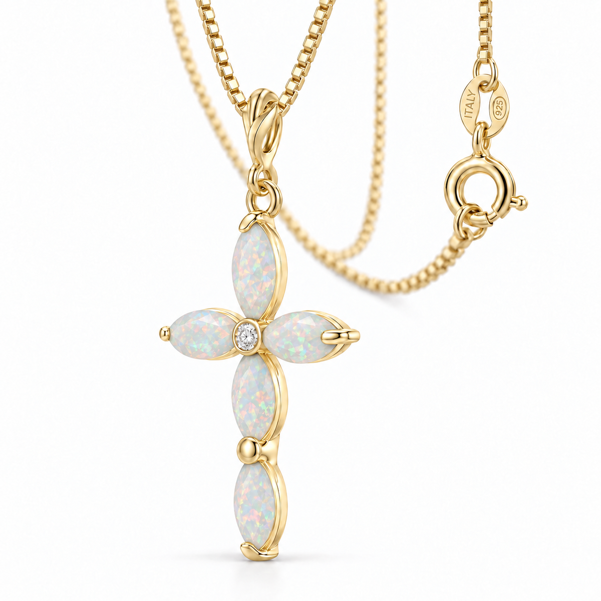 Yellow Gold Delia lab-grown Opal and diamond necklace, close-up with chain and clasp detail.