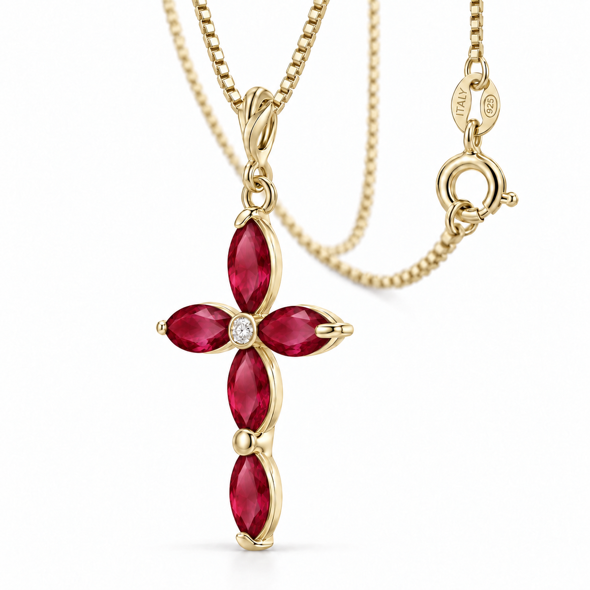 Yellow Gold Delia lab-grown Ruby and diamond necklace, close-up with chain and clasp detail.