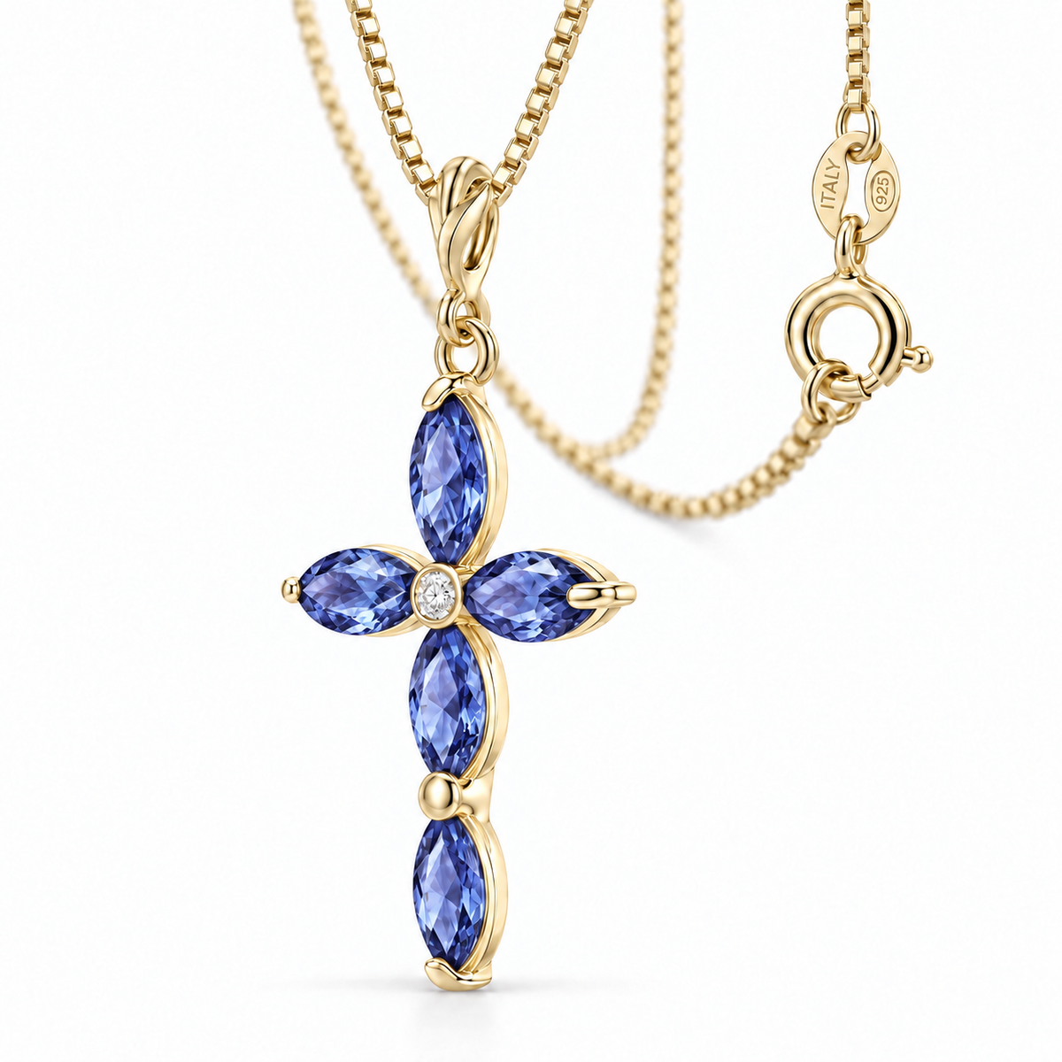 Yellow Gold Delia lab-grown Tanzanite and diamond necklace, close-up with chain and clasp detail.