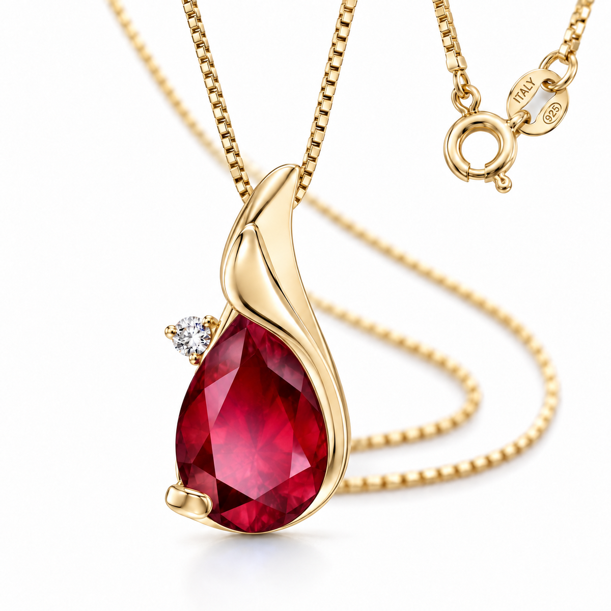 Yellow Gold Brunella lab-grown Ruby necklace, close-up with chain and clasp detail.