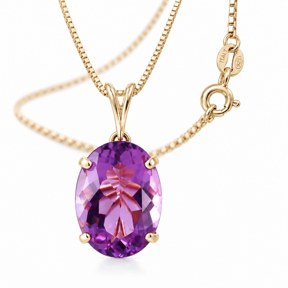 Yellow Gold Gemma lab-grown Amethyst necklace, close-up with chain and clasp detail.
