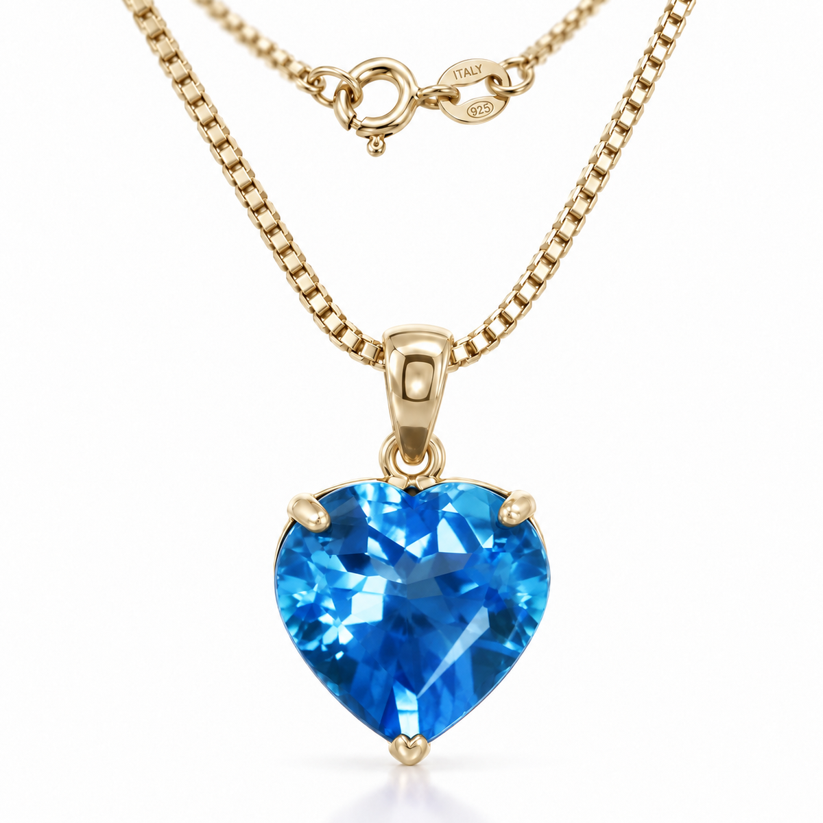 Yellow Gold Giuseppa lab-grown Blue Topaz necklace, close-up with chain and clasp detail.