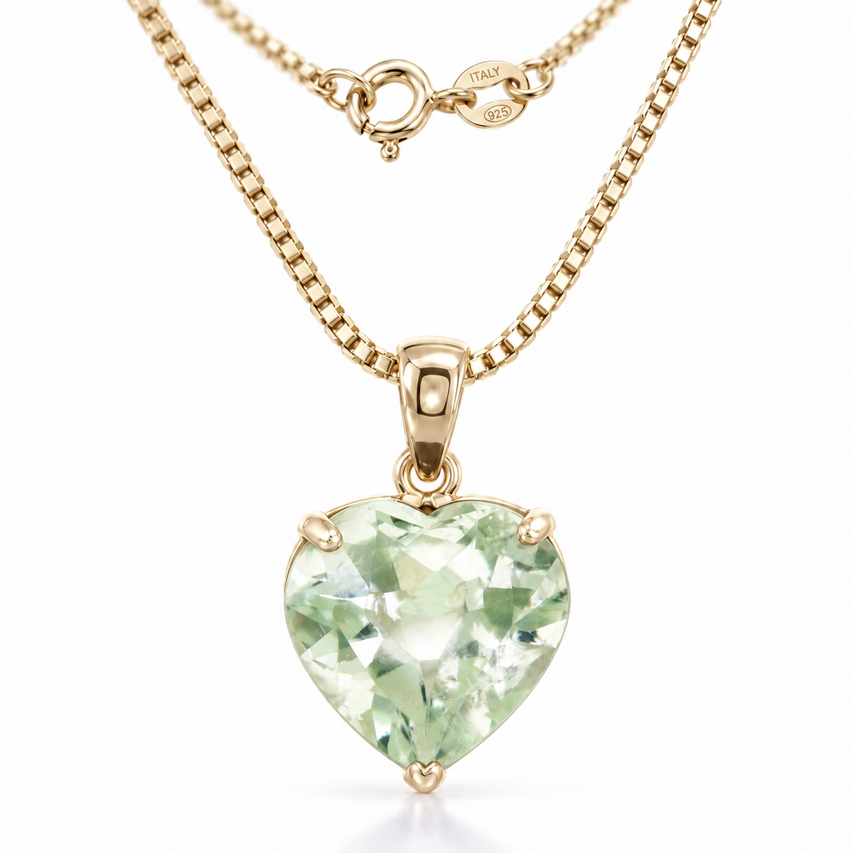 Yellow Gold Giuseppa lab-grown Green Amethyst necklace, close-up with chain and clasp detail.