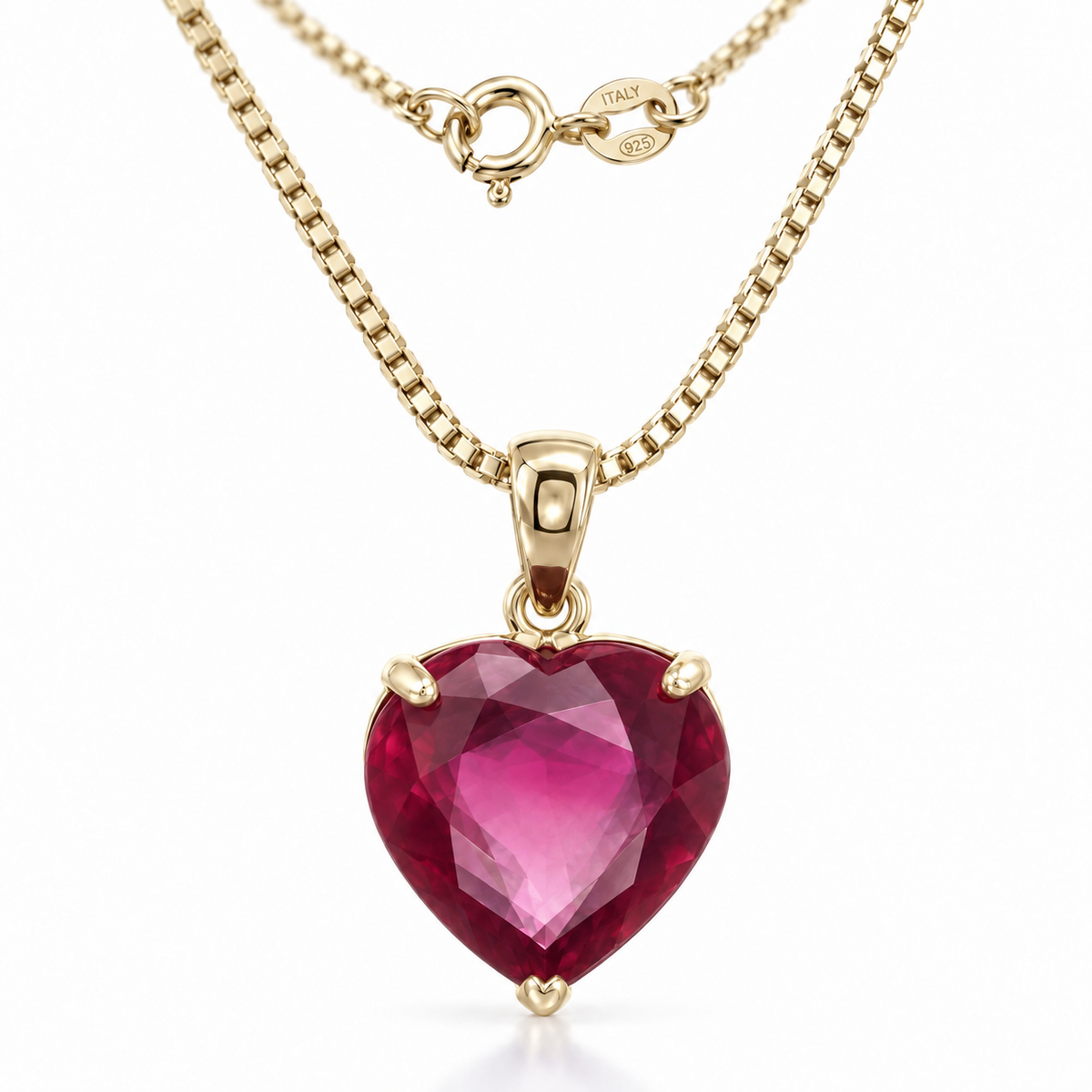 Yellow Gold Giuseppa lab-grown Ruby necklace, close-up with chain and clasp detail.