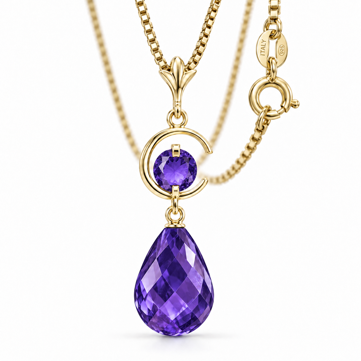 Yellow Gold Nicolina lab-grown Amethyst necklace, close-up with chain and clasp detail.