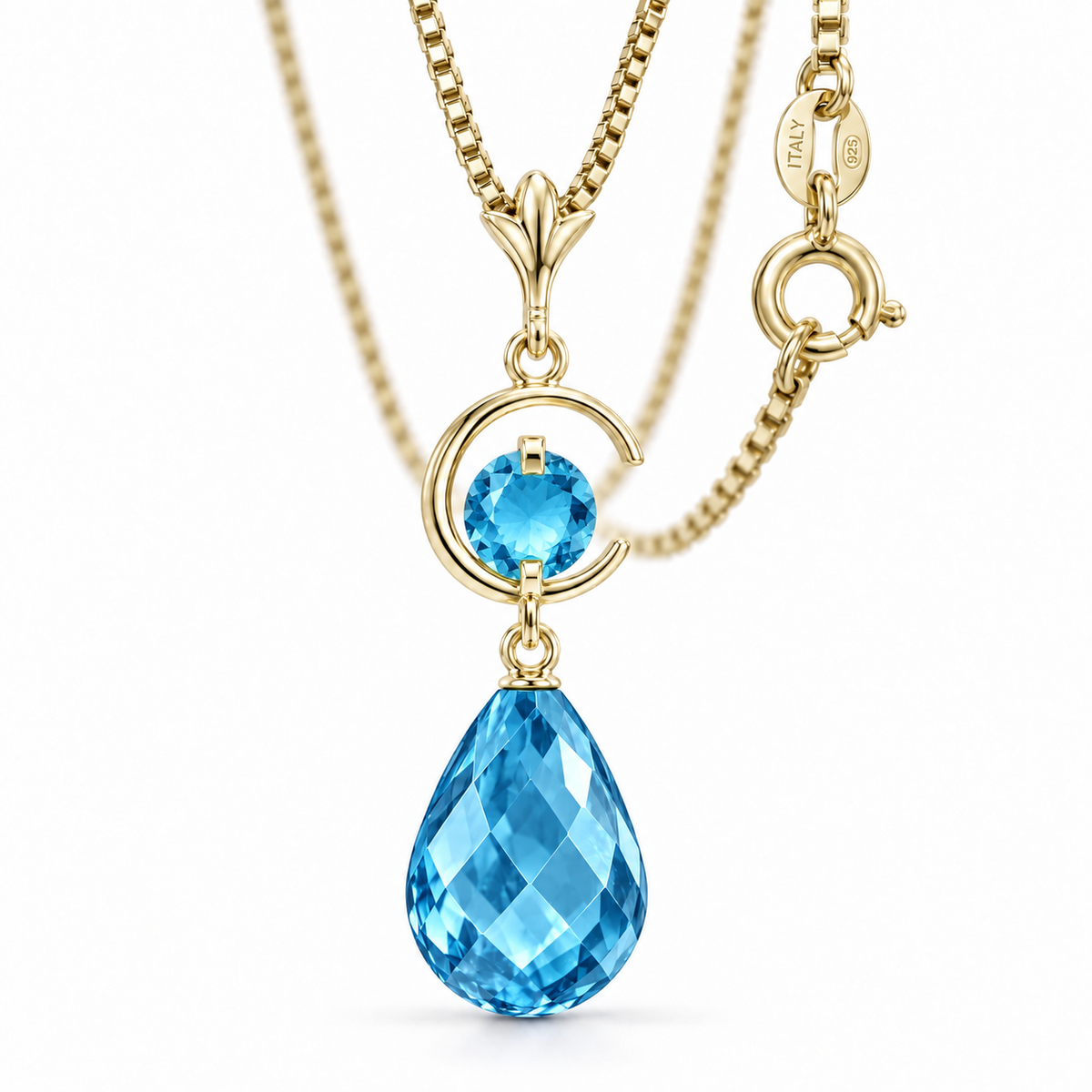 Yellow Gold Nicolina lab-grown Blue Topaz necklace, close-up with chain and clasp detail.