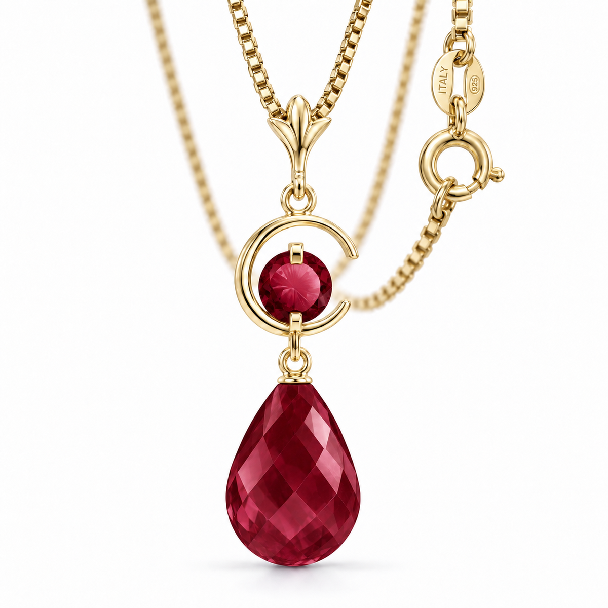 Yellow Gold Nicolina lab-grown Ruby necklace, close-up with chain and clasp detail.