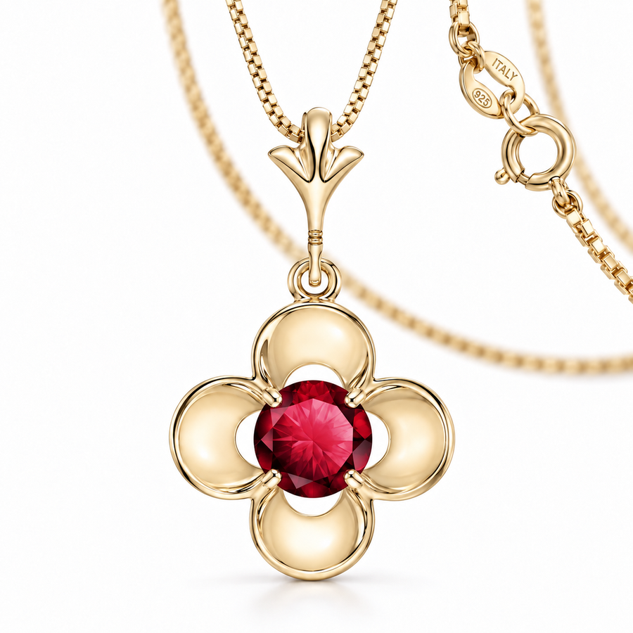 Yellow Gold Malvina lab-grown ruby necklace, shown with chain and clasp detail.