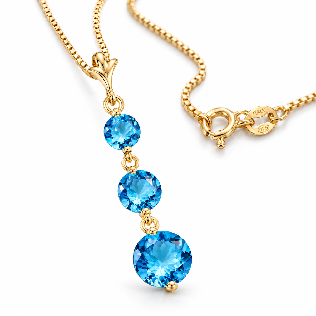 Yellow Gold Provvidenza natural blue topaz necklace, shown with chain and clasp detail.