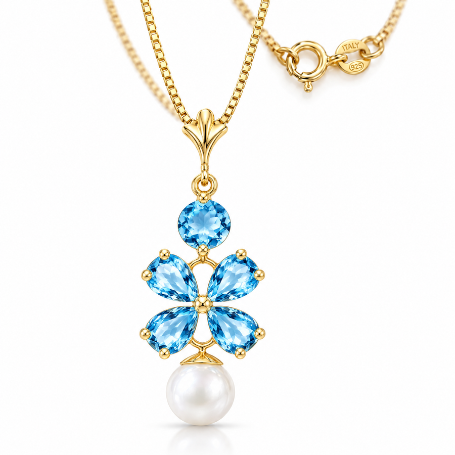Yellow Gold Catena natural blue topaz necklace, shown with chain and clasp detail.
