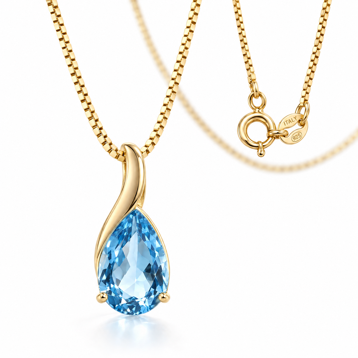 Yellow Gold Scolastica natural blue topaz necklace, shown with chain and clasp detail.