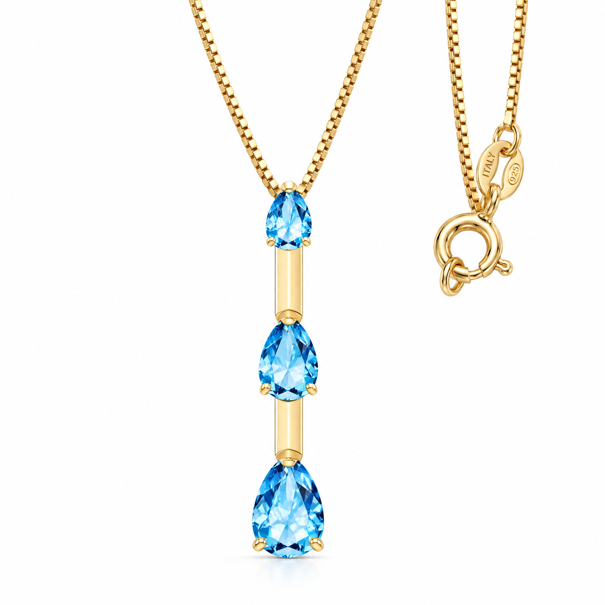 Yellow Gold Annarosa natural blue topaz necklace, shown with chain and clasp detail.
