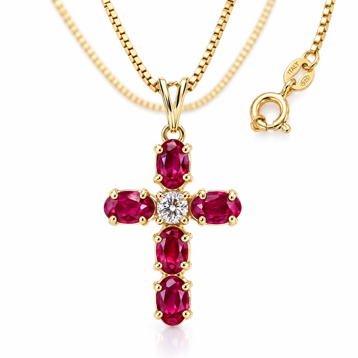 Yellow Gold Nadia lab-grown ruby and diamond necklace, shown with chain and clasp detail.