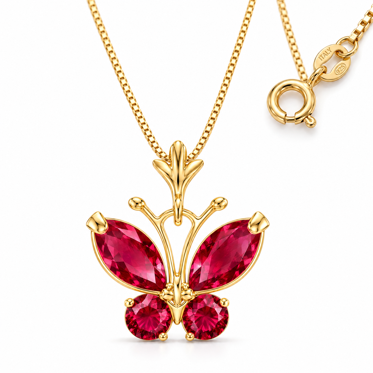 Yellow Gold Miranda lab-grown ruby necklace, shown with chain and clasp detail.