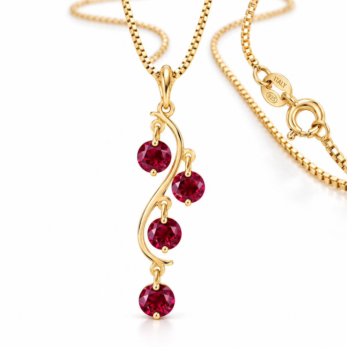 Yellow Gold Nives lab-grown ruby necklace, shown with chain and clasp detail.