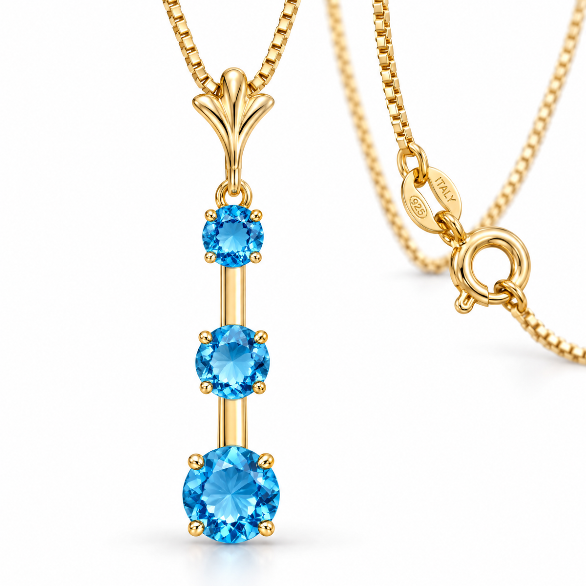 Yellow Gold Luna natural blue topaz necklace, shown with chain and clasp detail.