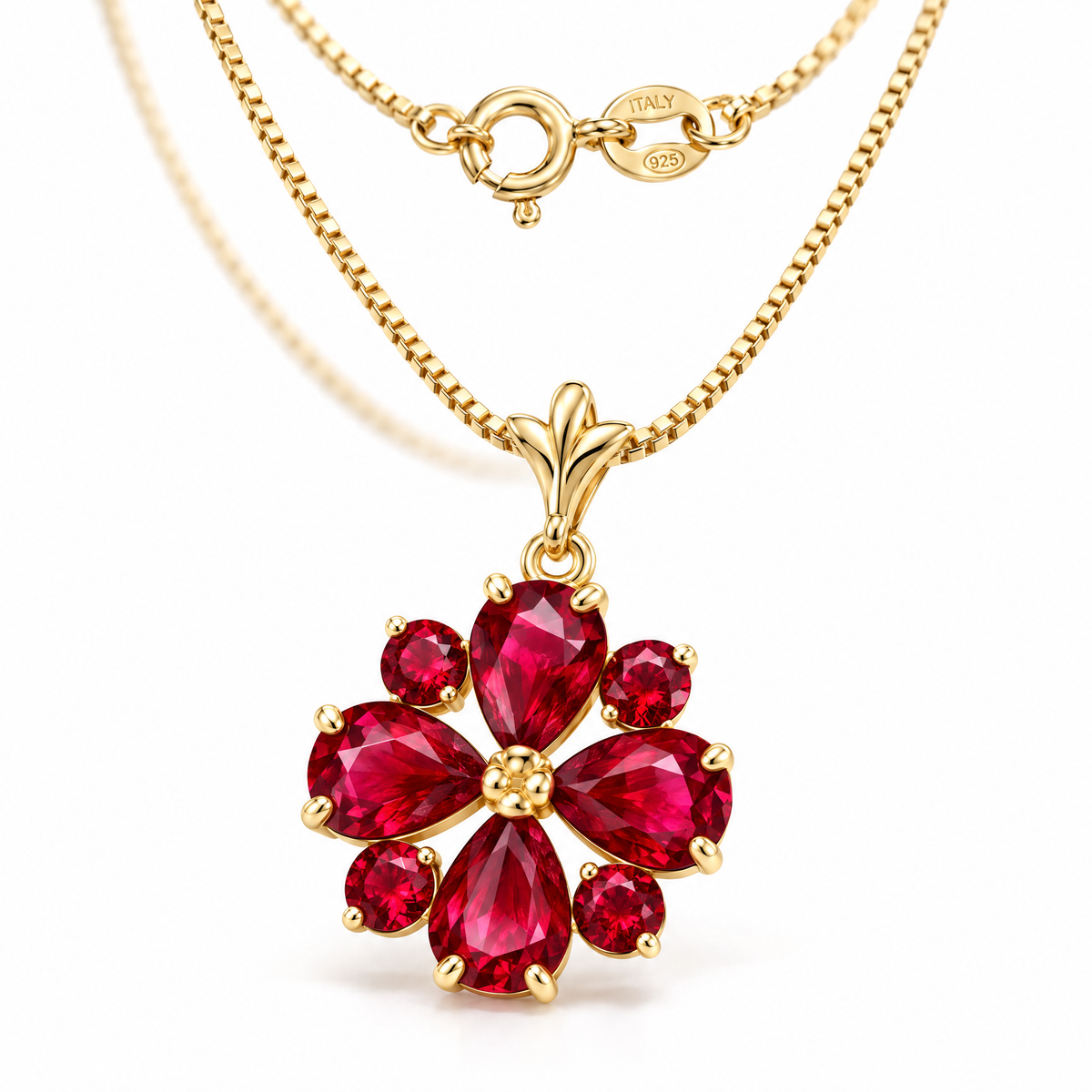 Yellow Gold Bibiana lab-grown ruby necklace, shown with chain and clasp detail.