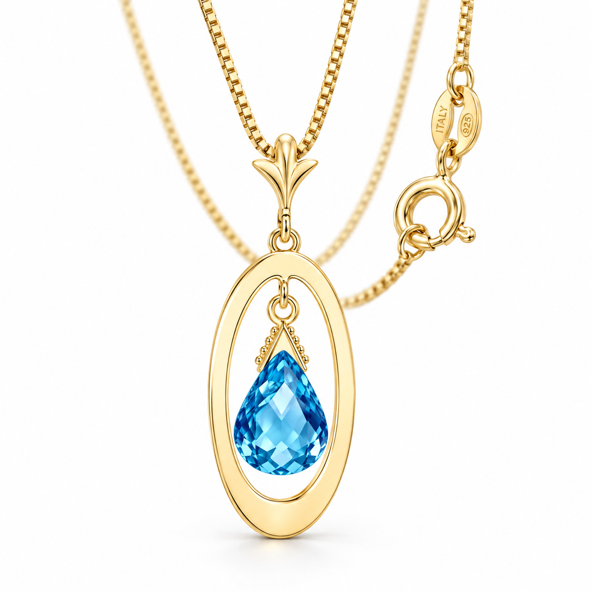 Yellow Gold Genoveffa natural blue topaz necklace, shown with chain and clasp detail.