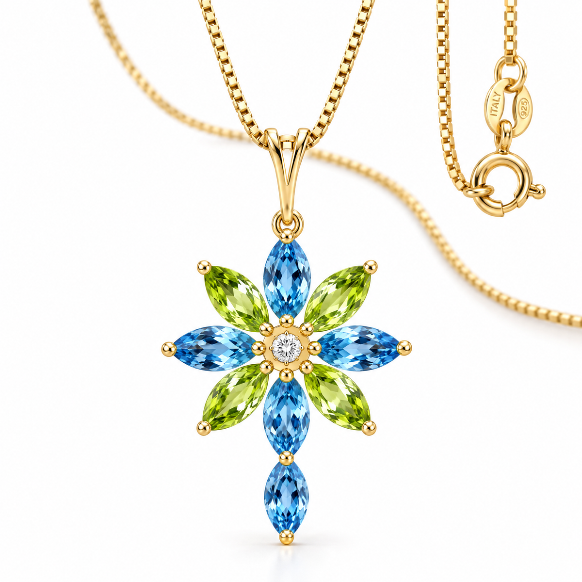 Yellow Gold Emilia natural peridot, blue topaz and diamond necklace, shown with chain and clasp detail.