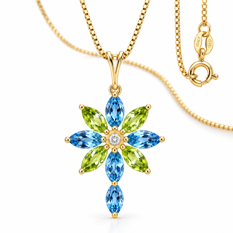 Yellow Gold Emilia natural peridot, blue topaz and diamond necklace, shown with chain and clasp detail.