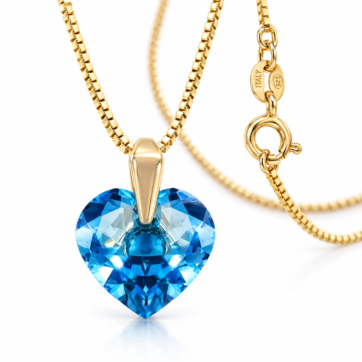 Yellow Gold Rosalia natural blue topaz necklace, shown with chain and clasp detail.
