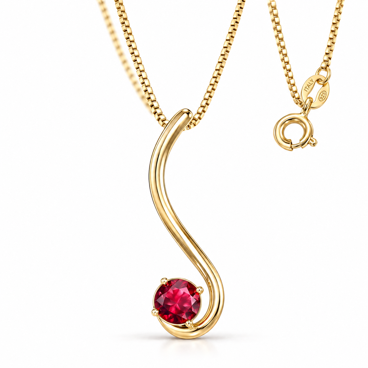 Yellow Gold Clementina lab-grown ruby necklace, shown with chain and clasp detail.