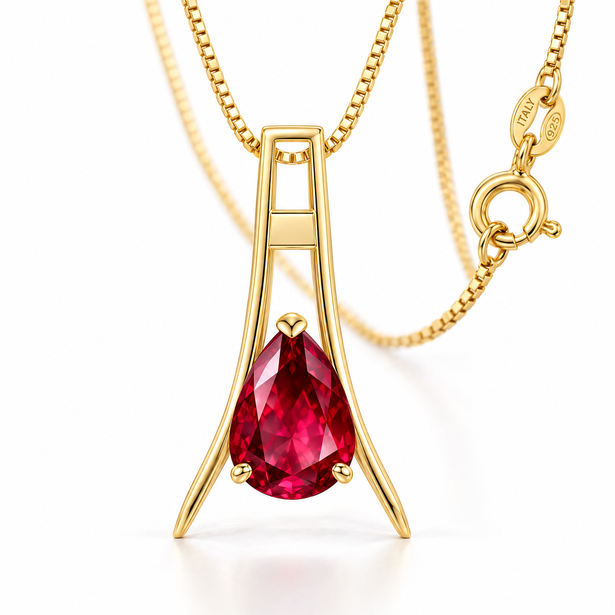 Yellow Gold Evangelina lab-grown ruby necklace, shown with chain and clasp detail.