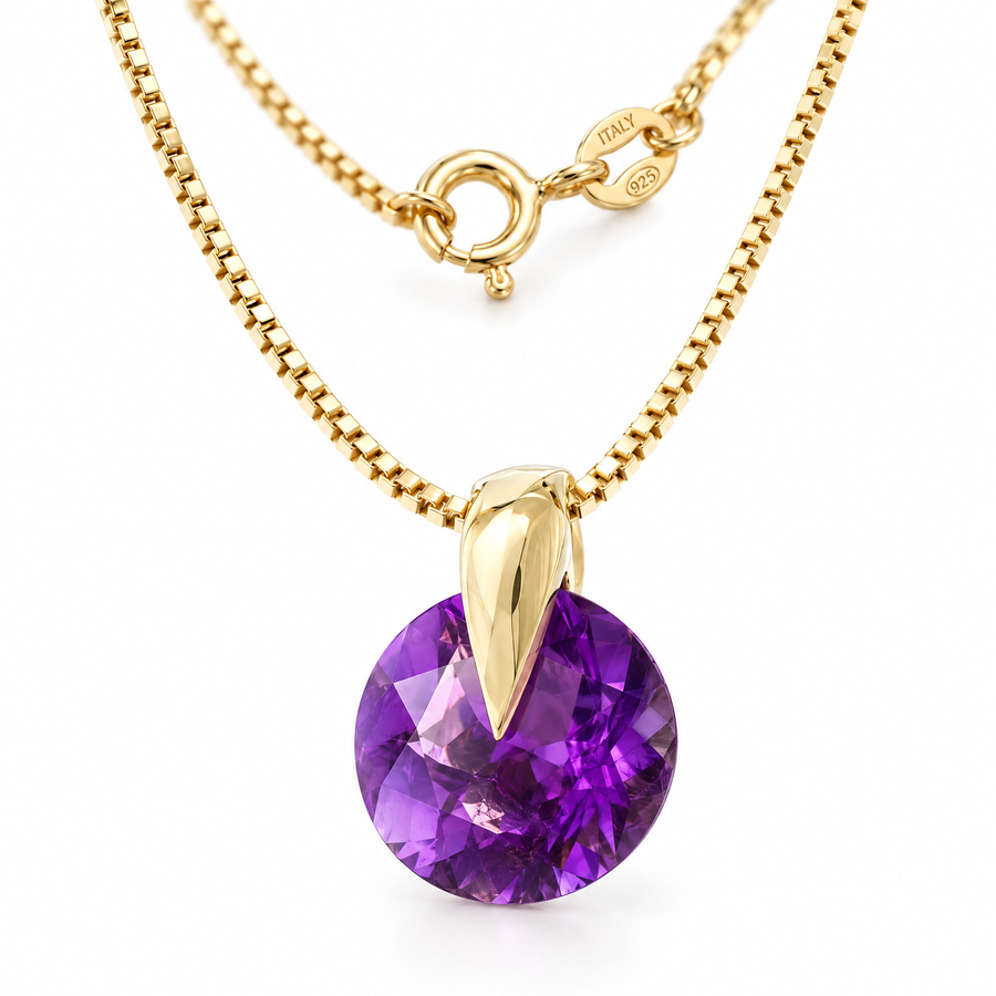 Yellow Gold Lidia natural amethyst necklace, shown with chain and clasp detail.