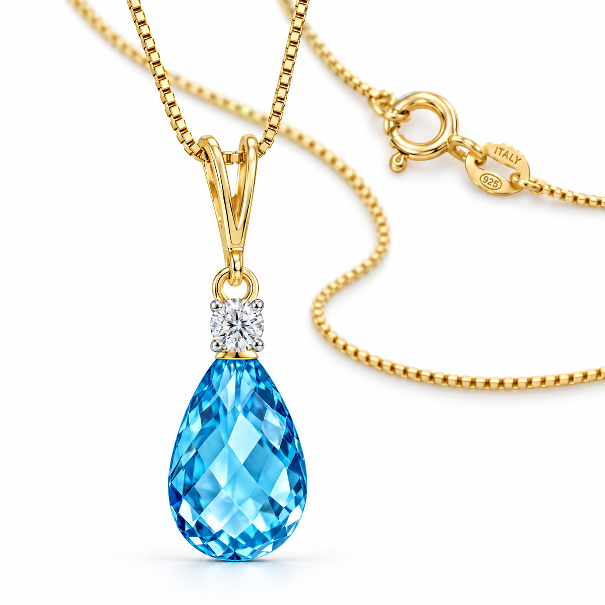 Yellow Gold Giorgia natural blue topaz and diamond necklace, shown with chain and clasp detail.