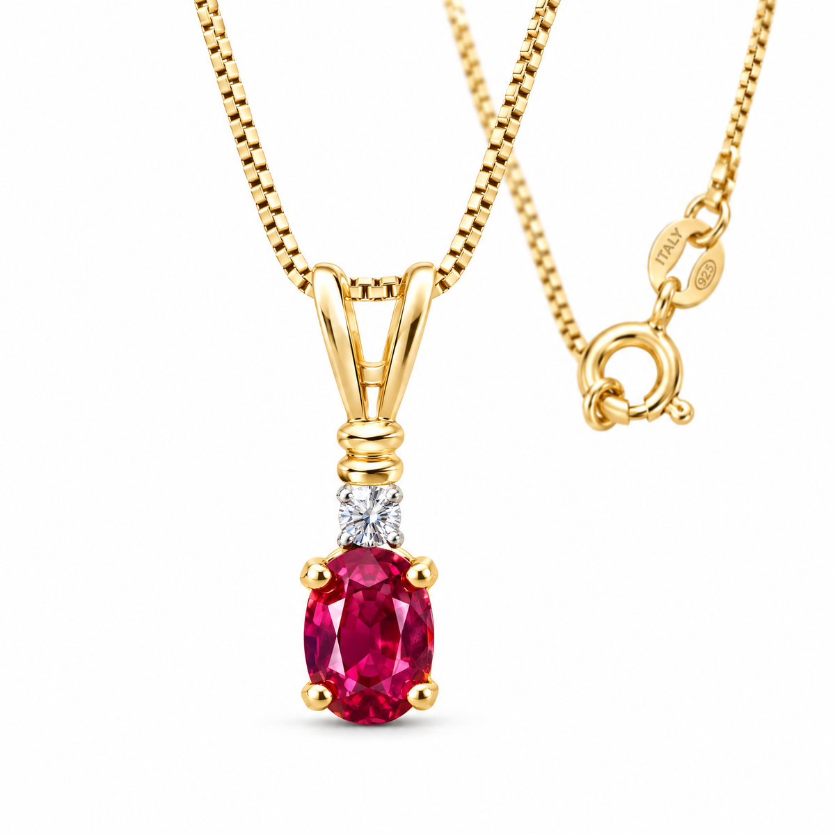 Yellow Gold Elsa lab-grown ruby and diamond necklace, shown with chain and clasp detail.