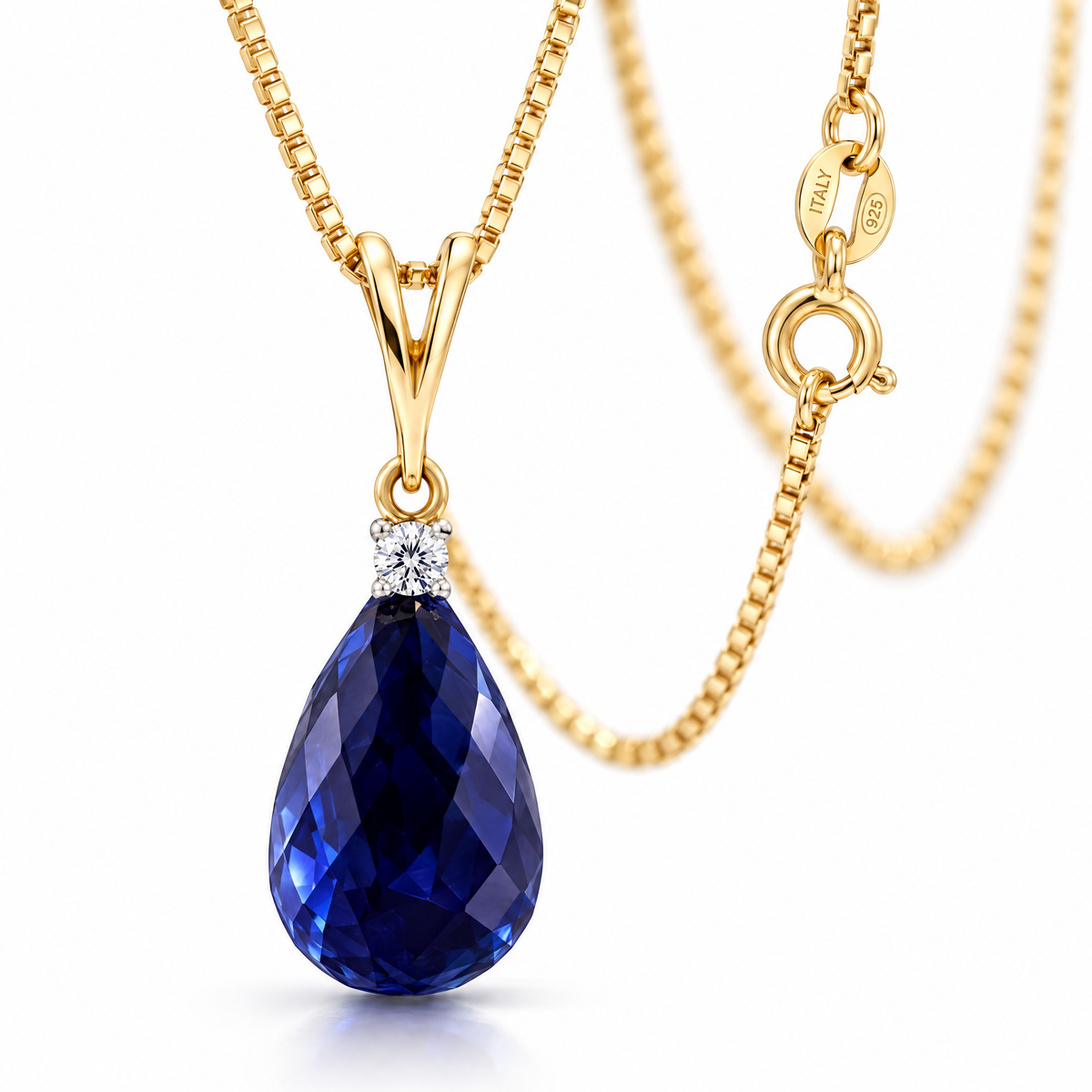 Yellow Gold Dorotea lab-grown sapphire and diamond necklace, shown with chain and clasp detail.