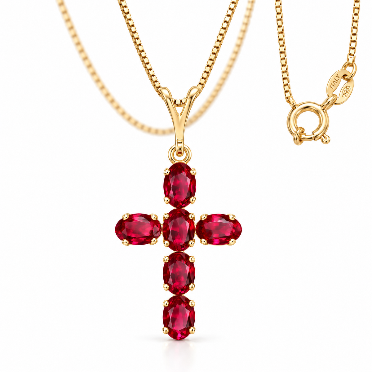 Yellow Gold Eleonora lab-grown ruby necklace, shown with chain and clasp detail.