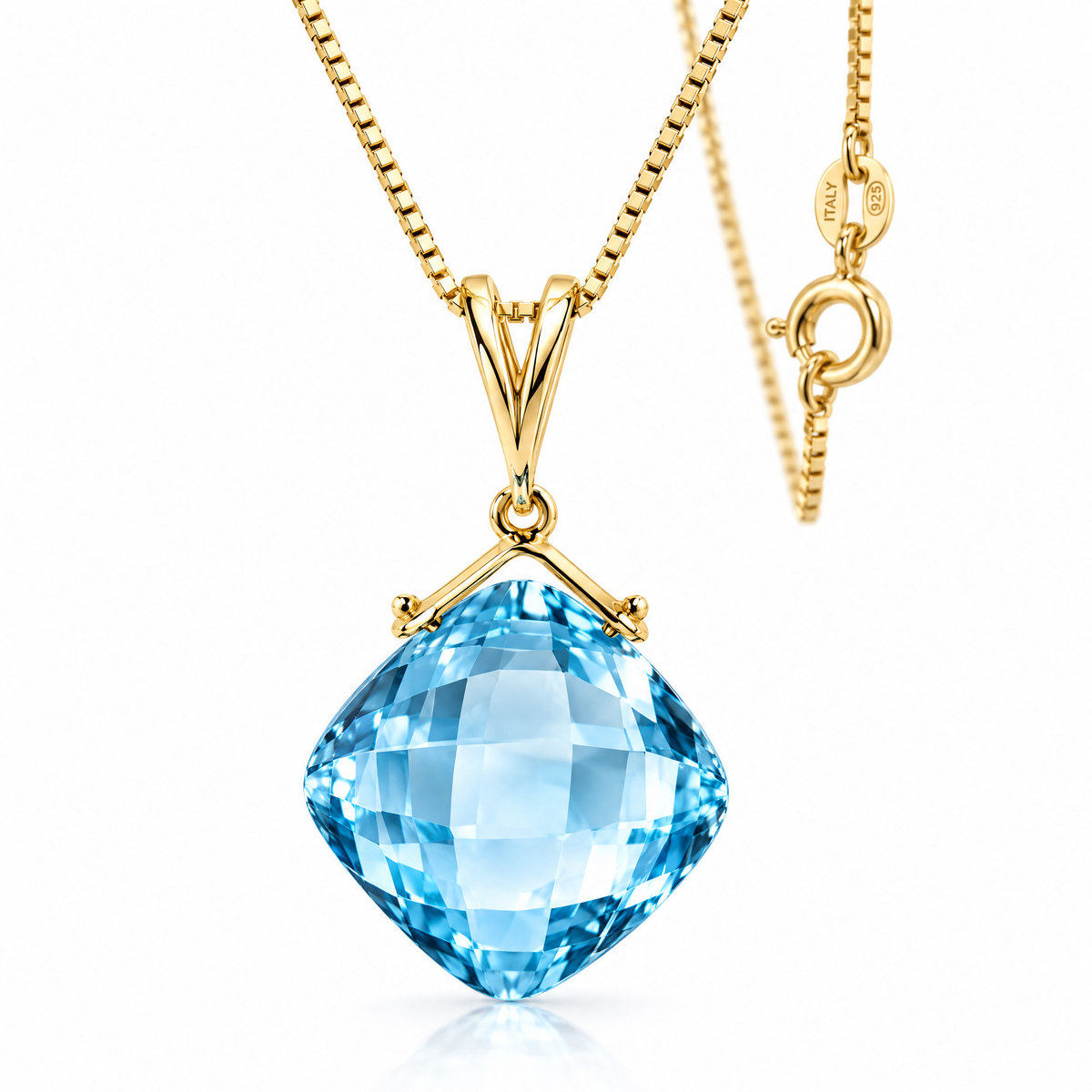 Yellow Gold Battistina natural blue topaz necklace, shown with chain and clasp detail.