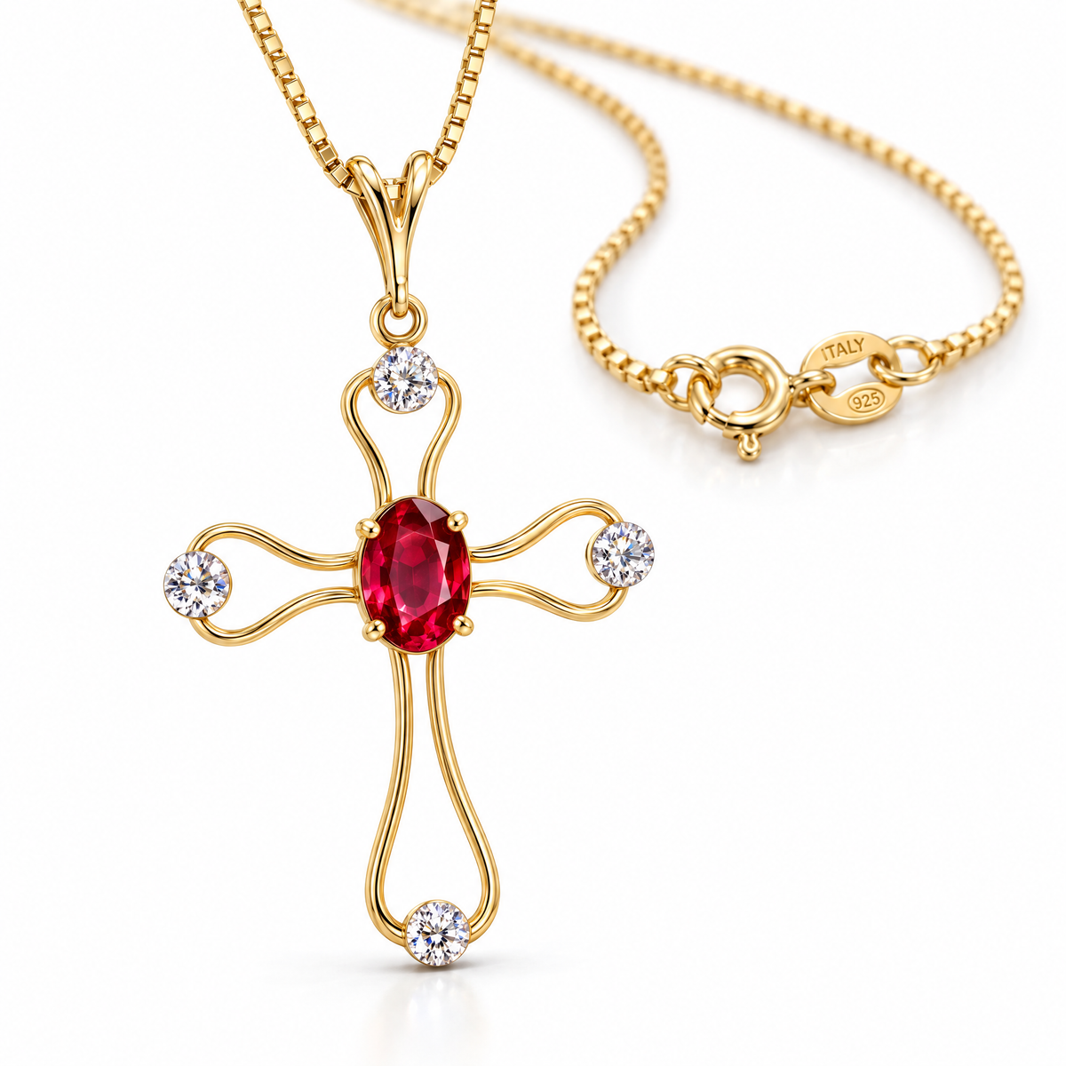Yellow Gold Pia lab-grown ruby and diamond necklace, shown with chain and clasp detail.