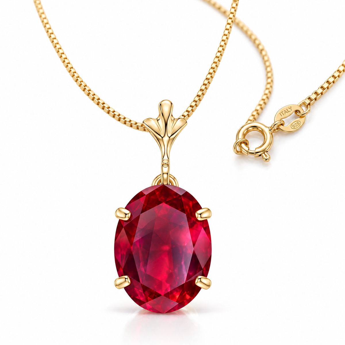 Yellow Gold Guendalina lab-grown ruby necklace, shown with chain and clasp detail.