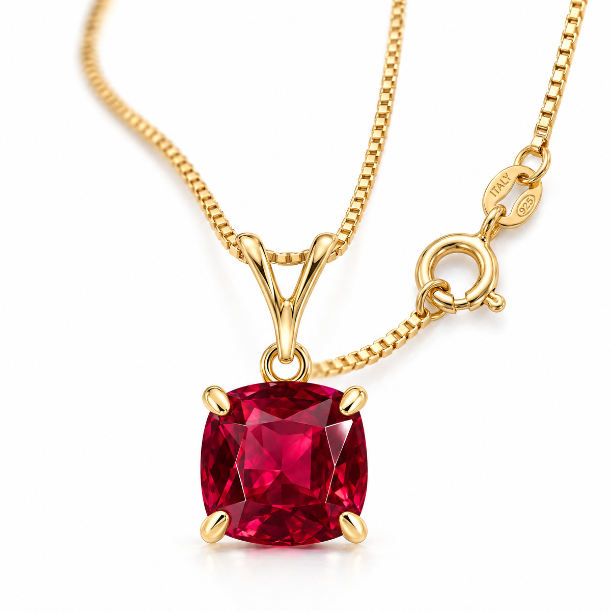 Yellow Gold Luminosa lab-grown ruby necklace, shown with chain and clasp detail.