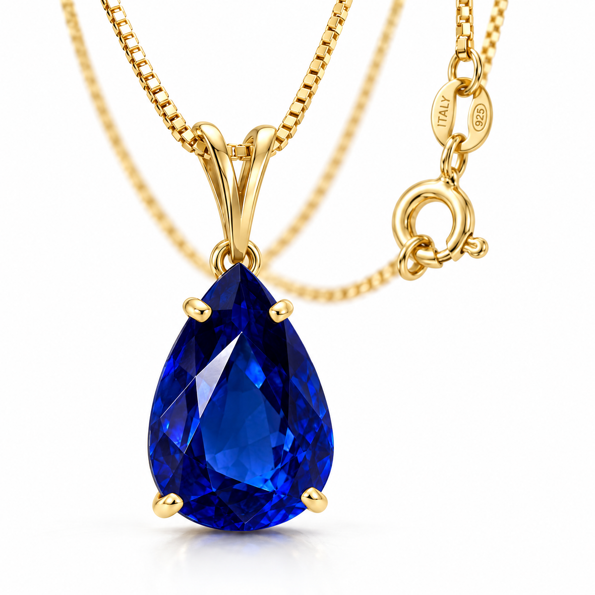 Yellow Gold Bice lab-grown sapphire necklace, shown with chain and clasp detail.