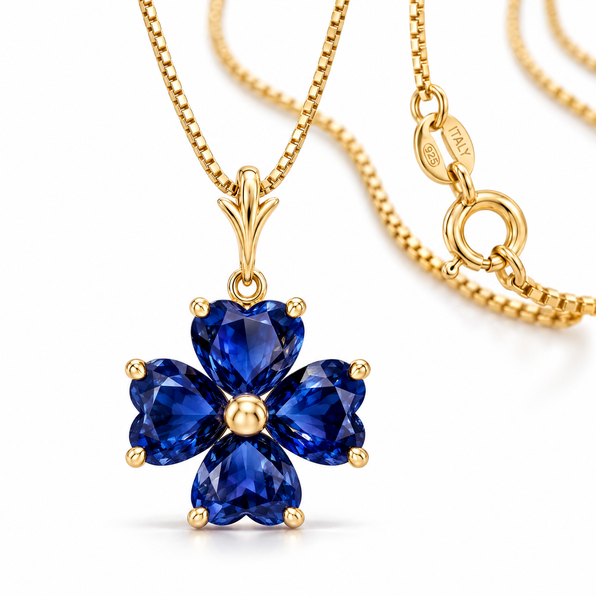 Yellow Gold Selene lab-grown sapphire necklace, shown with chain and clasp detail.