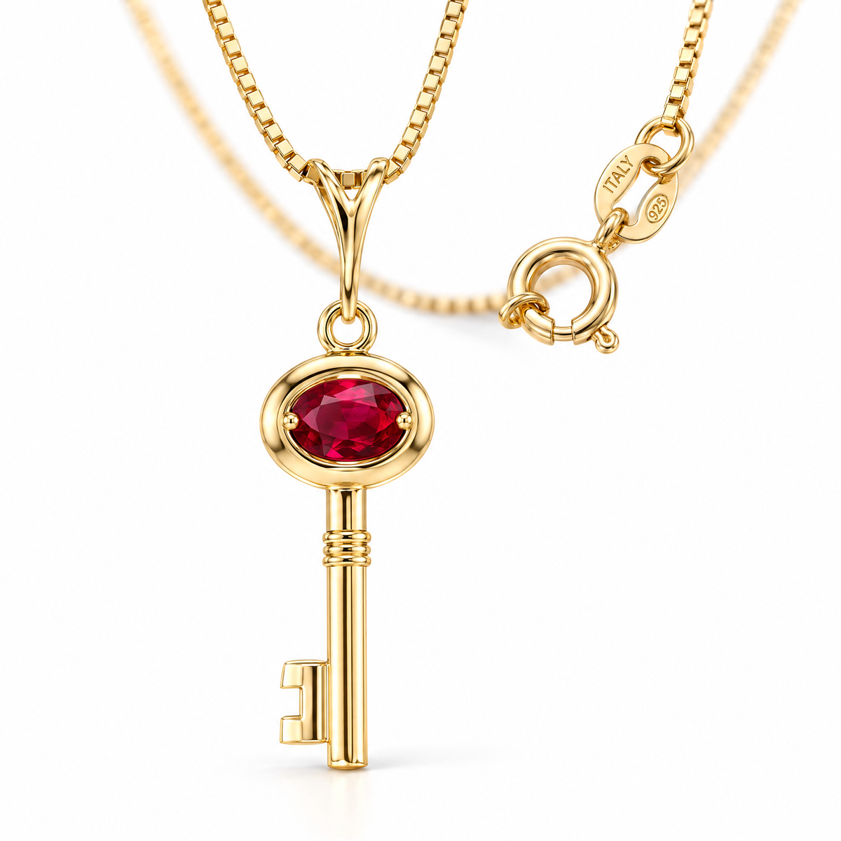 Yellow Gold Marcella lab-grown ruby necklace, shown with chain and clasp detail.