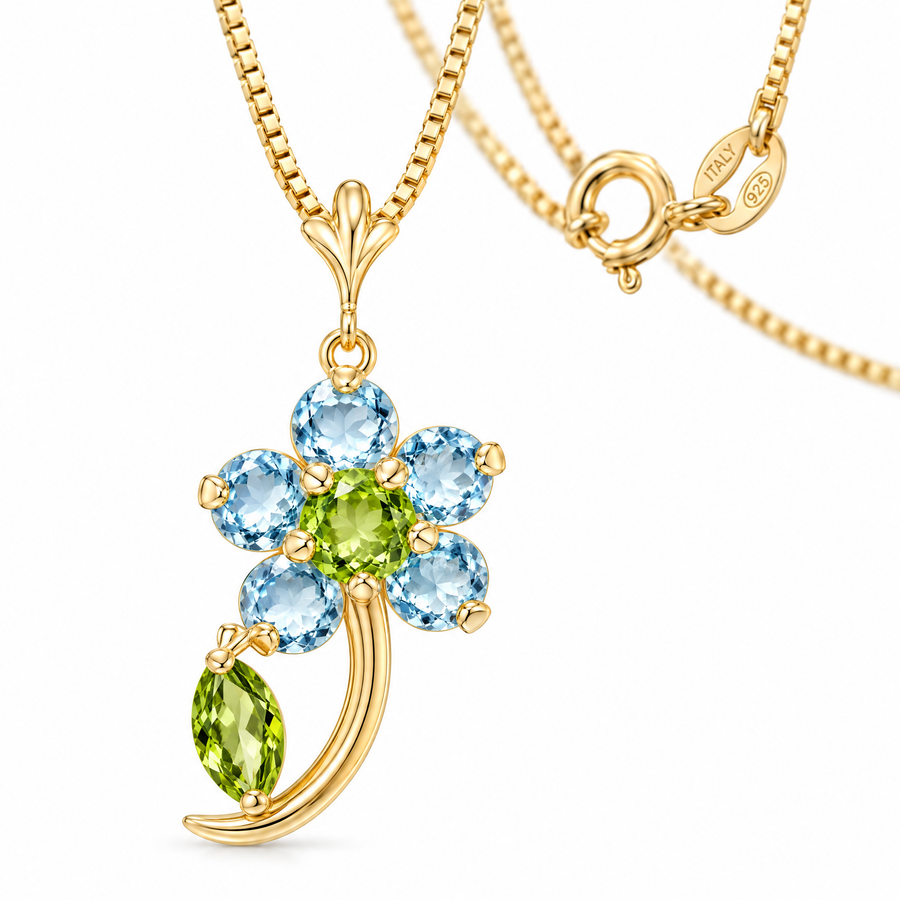 Yellow Gold Paolina natural peridot and aquamarine necklace, shown with chain and clasp detail.
