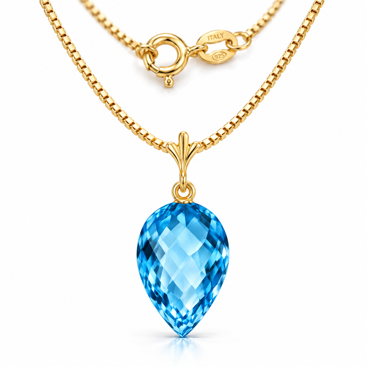 Yellow Gold Primavera natural blue topaz necklace, shown with chain and clasp detail.