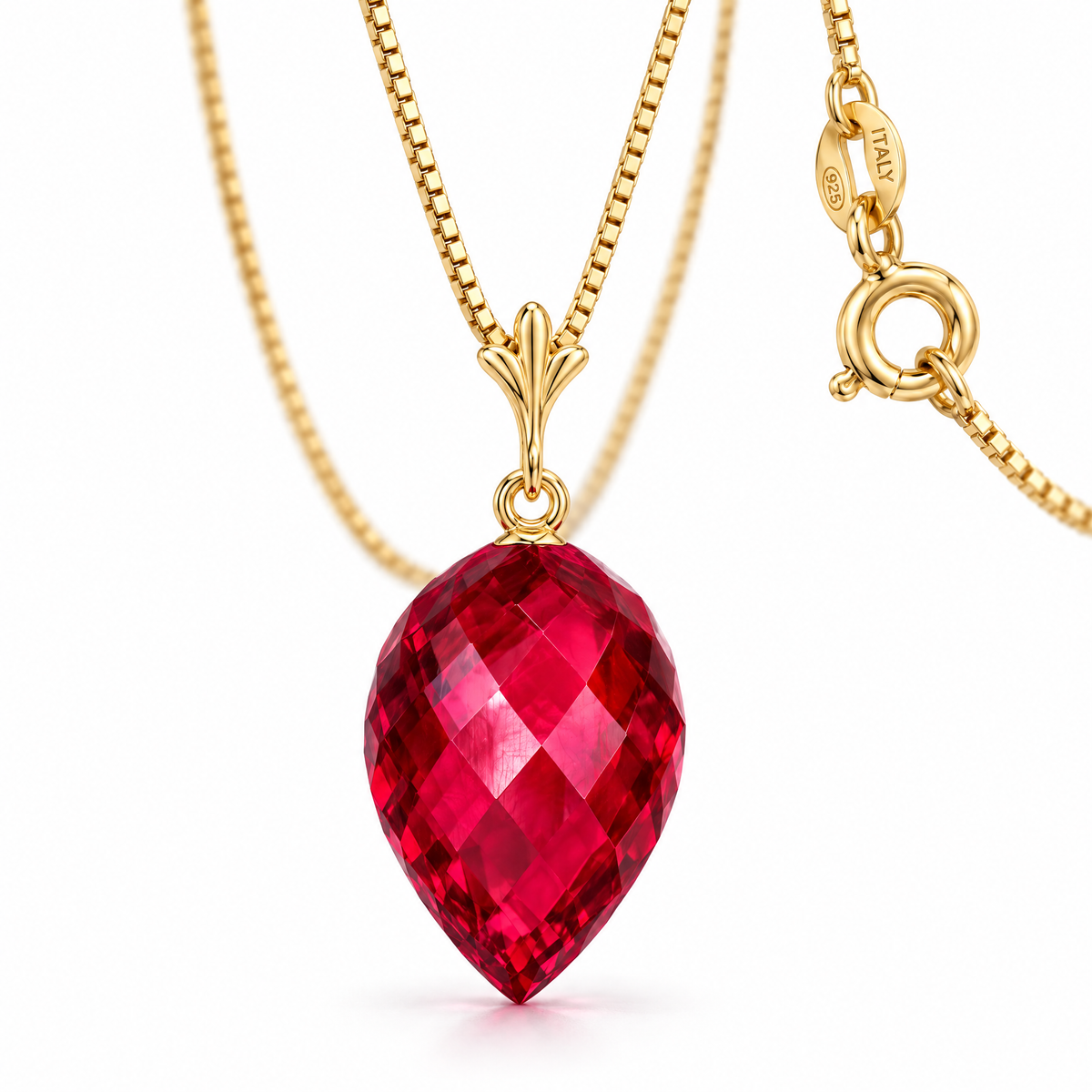 Yellow Gold Irma lab-grown ruby necklace, shown with chain and clasp detail.