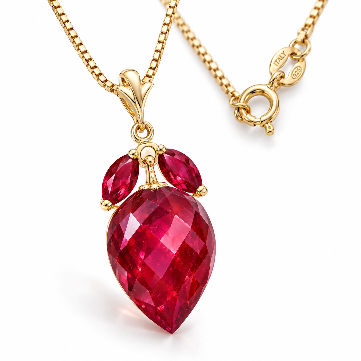 Yellow Gold Graziella lab-grown ruby necklace, shown with chain and clasp detail.