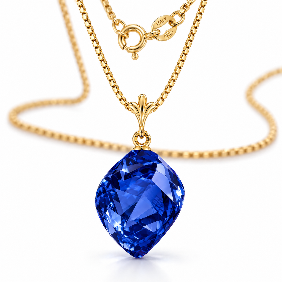 Yellow Gold Clelia lab-grown sapphire necklace, shown with chain and clasp detail.