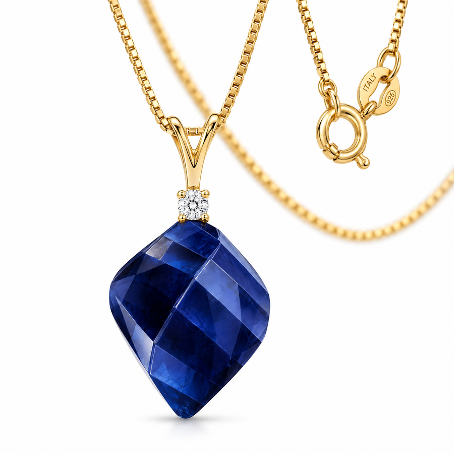 Yellow Gold Primavera lab-grown sapphire and diamond necklace, shown with chain and clasp detail.