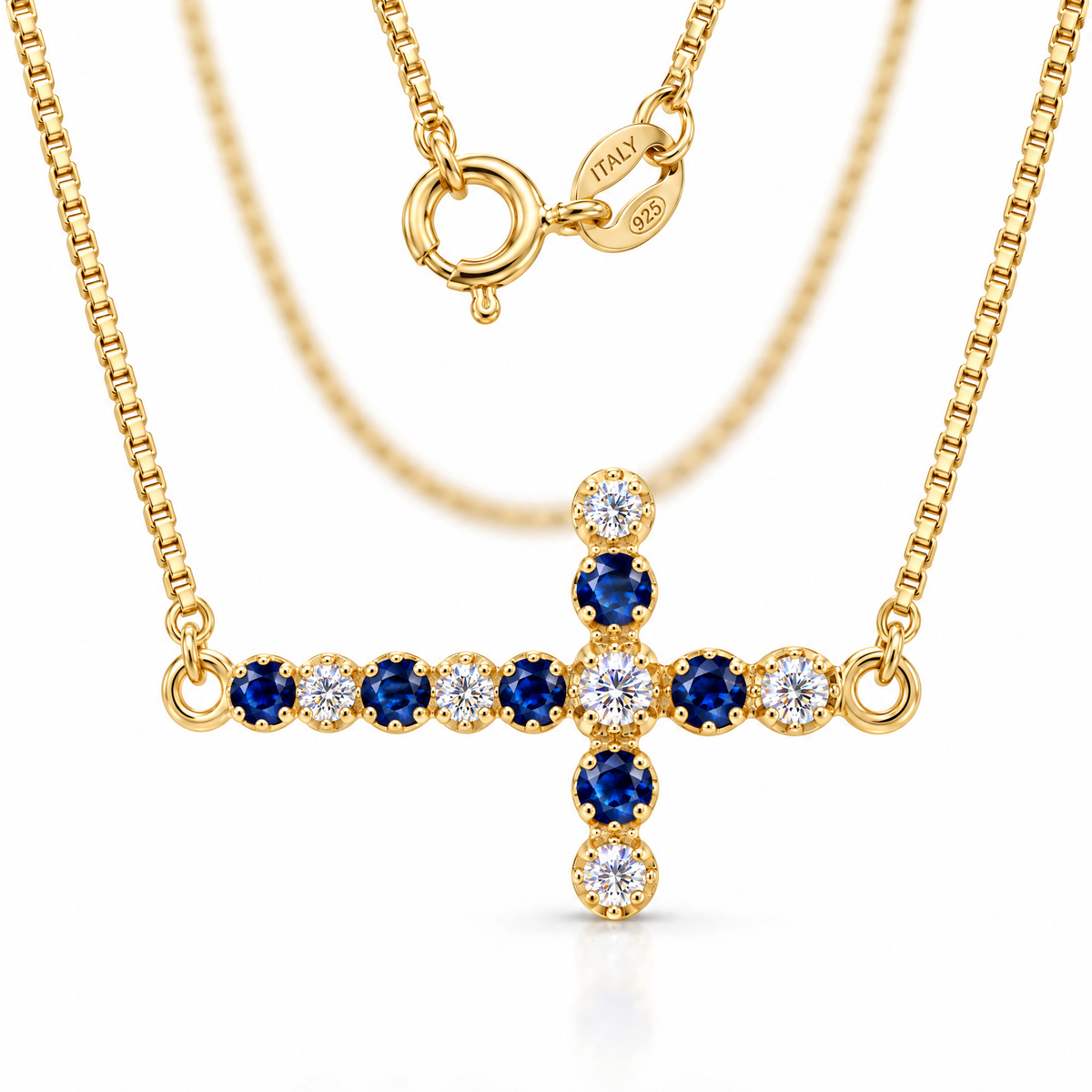 Yellow Gold Liberata lab-grown sapphire and diamond necklace, shown with chain and clasp detail.