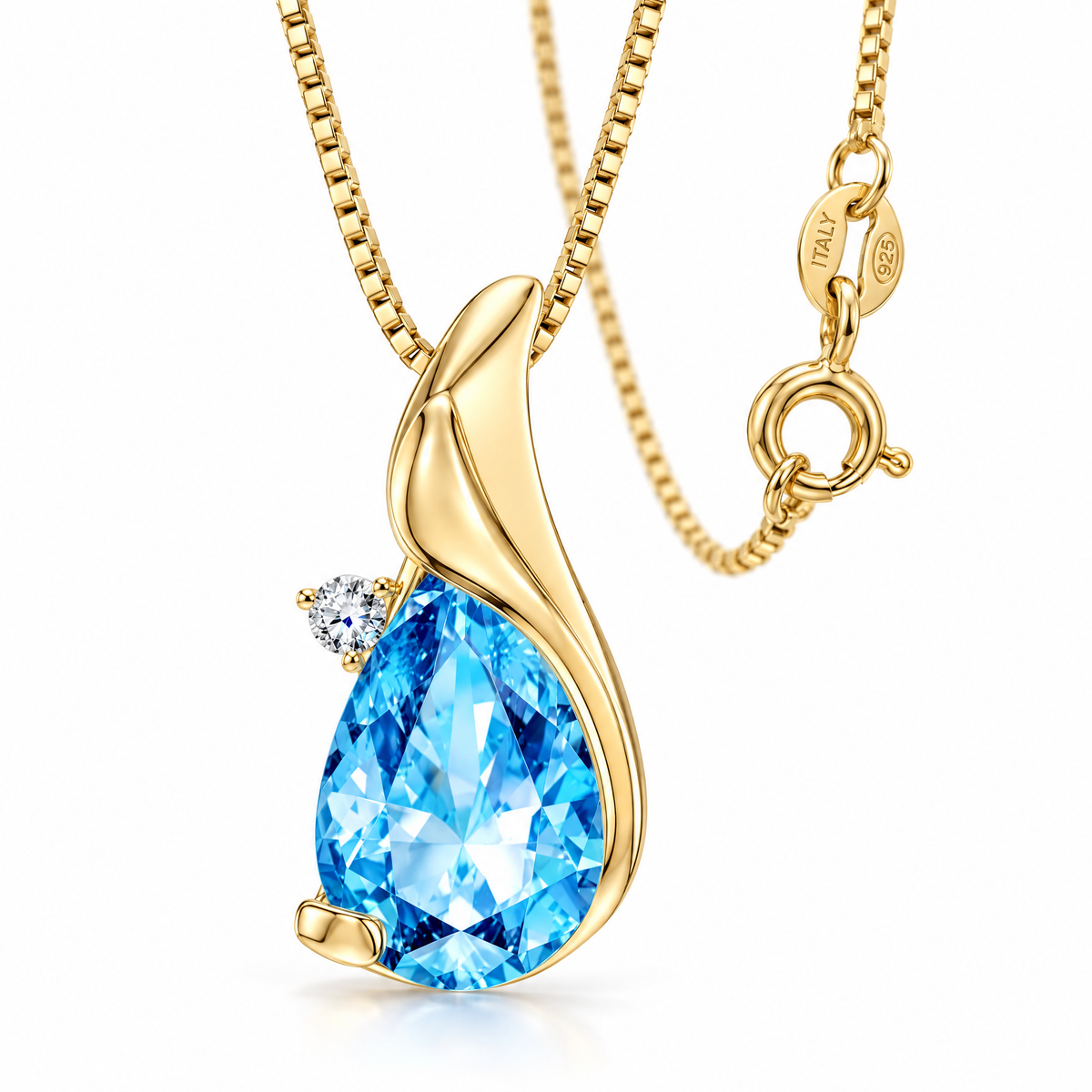 Yellow Gold Ivana natural blue topaz and diamond necklace, shown with chain and clasp detail.
