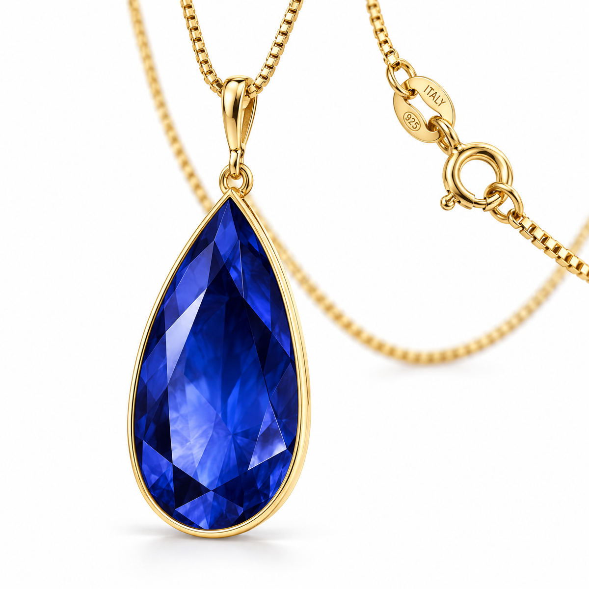 Yellow Gold Raffaella lab-grown sapphire necklace, shown with chain and clasp detail.